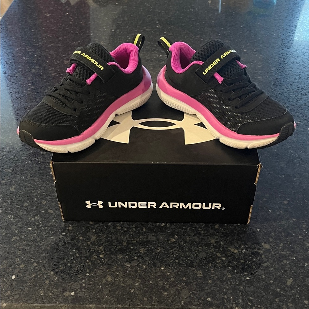 Under Armour Black & Pink Kids' Athletic Sneakers with Yellow Logo - Picture 4 of 8